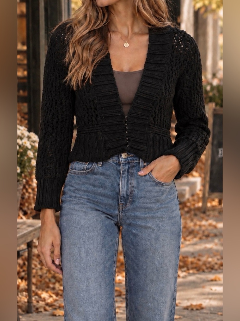 Free People Black Openwork Knit Button-Front Cardigan - Size S